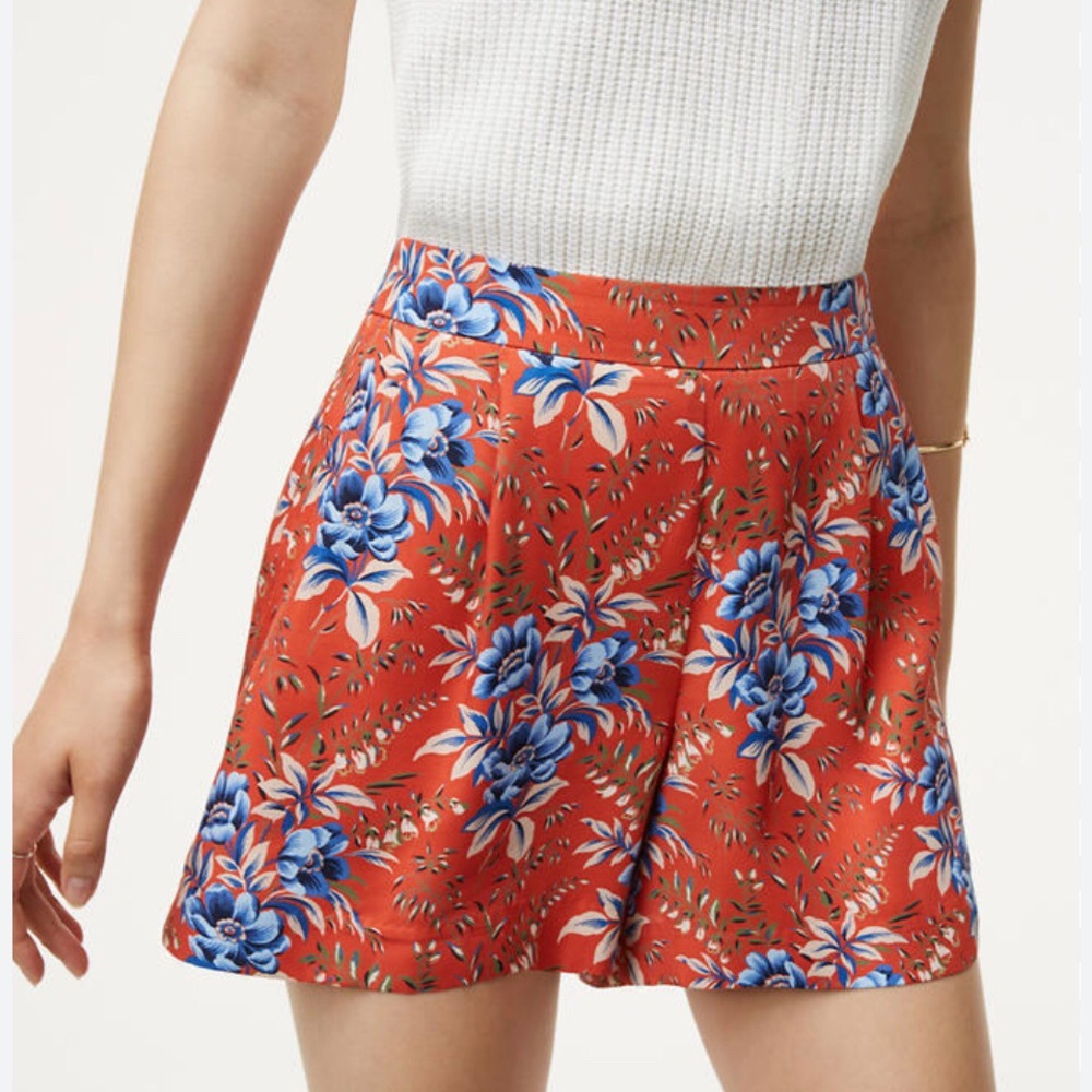 Ann Taylor Loft Floral Pleated Red and Blue High-Waisted Shorts